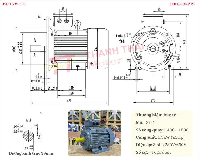Thông số kỹ thuật và bản vẽ động cơ điện 3 pha 5.5kW 7.5Hp