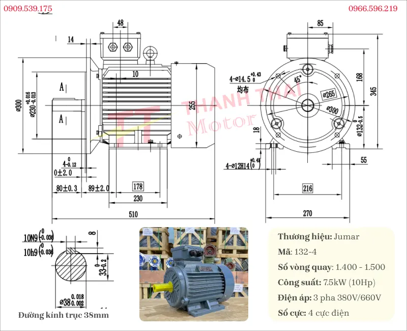 Thông số kỹ thuật và bản vẽ của động cơ điện 3 pha 7.5kW 10Hp 4 cực