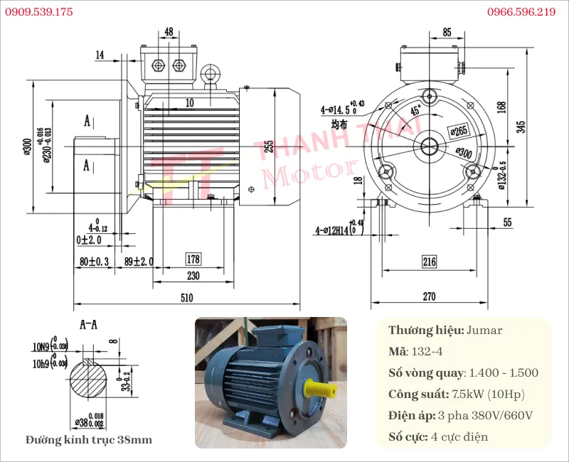 Thông số kỹ thuật và bản vẽ động cơ điện 3 pha 7.5kW 10Hp mặt bích