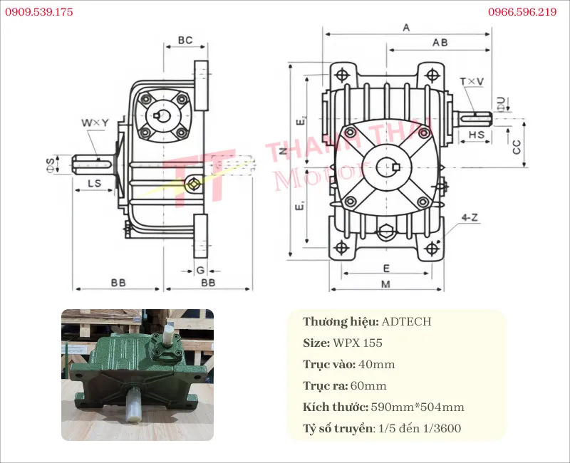 Thông số kỹ thuật và bản vẽ hộp giảm tốc trục vít WPX 155