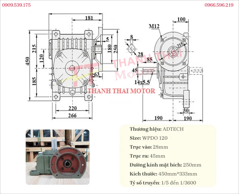 Specifications and drawing of the WPDO 120 gearbox