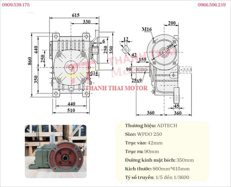 Specifications and drawing of the WPDO 250 gearbox