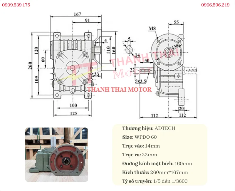 Technical specifications and drawing of WPDO 60 reduction gearbox