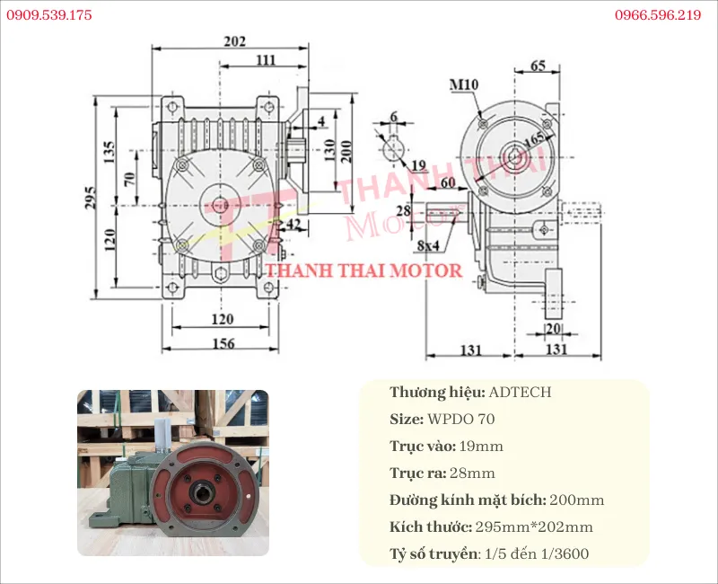 Thông số kỹ thuật và bản vẽ hộp số giảm tốc WPDO 70