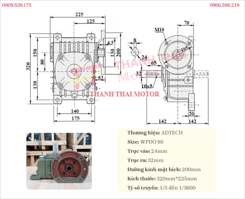 Technical specifications and drawing of the WPDO 80 reduction gearbox