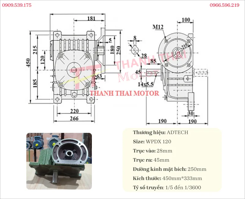Thông số kỹ thuật và bản vẽ hộp giảm tốc WPDX 120