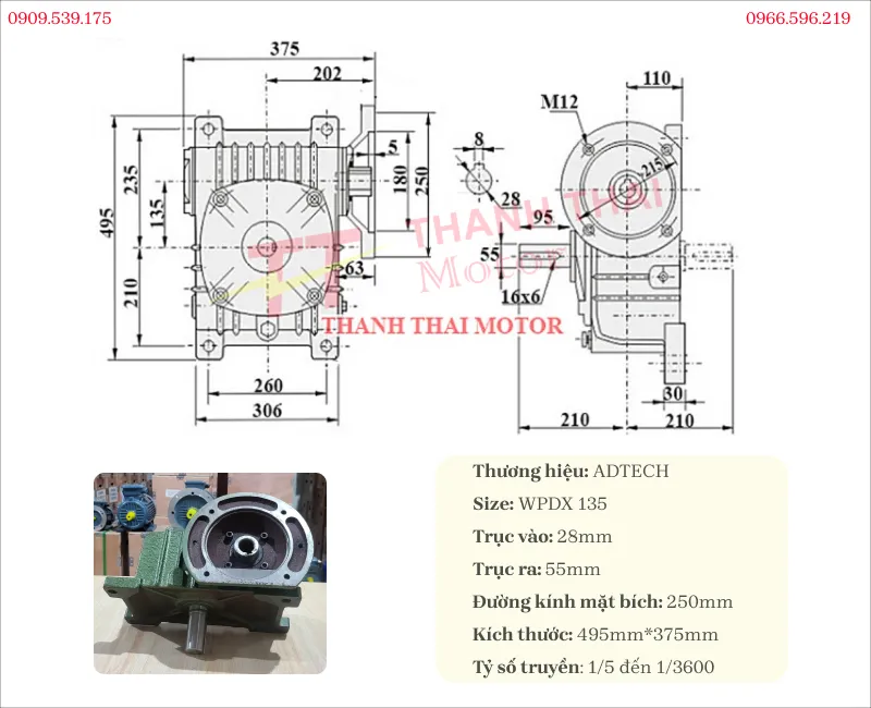 Thông số kỹ thuật và bản vẽ hộp giảm tốc WPDX 135