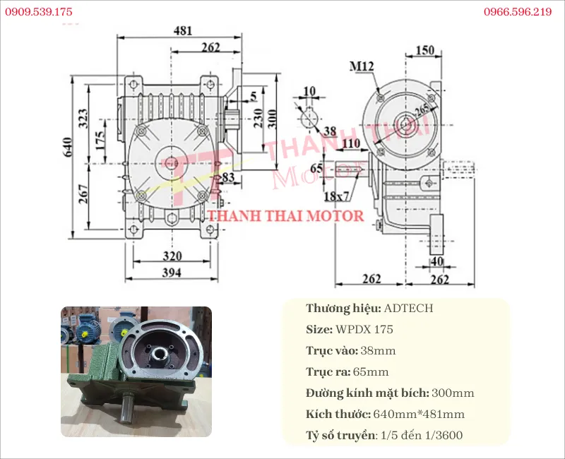Specifications and drawing of the WPDX 175 gearbox