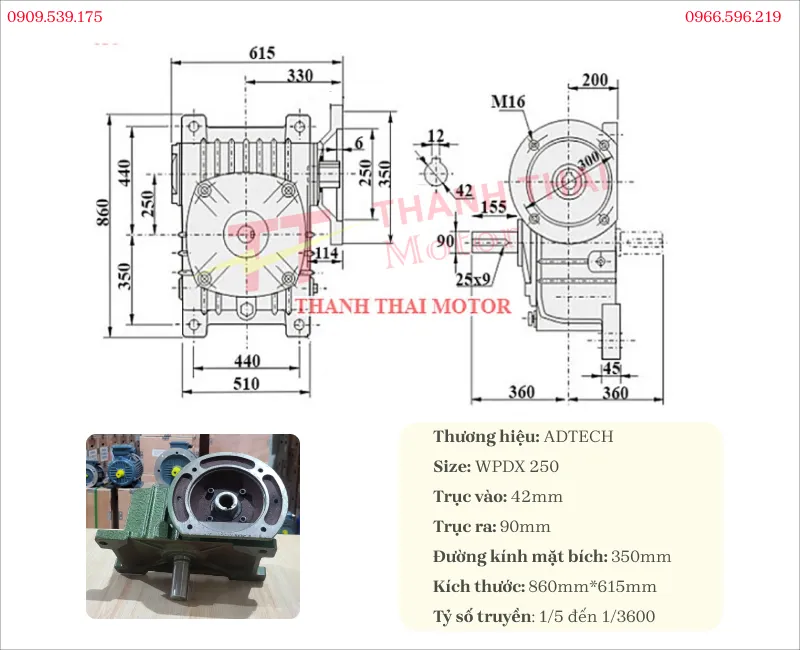 Technical specifications and drawing of the WPDX 250 gearbox