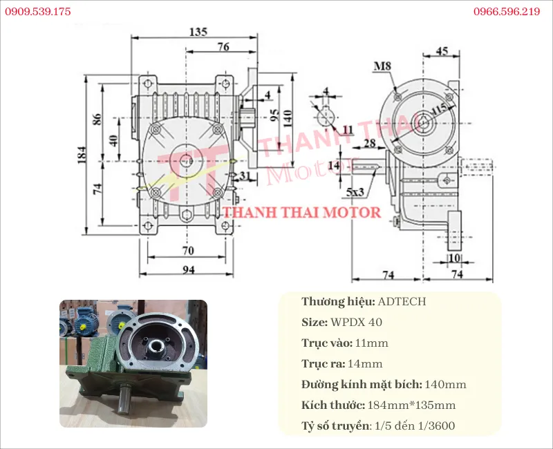 Thông số kỹ thuật và bản vẽ hộp giảm tốc WPDX 40