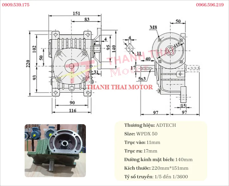 Technical specifications and drawing of the WPDX 50 gearbox