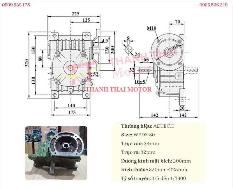 Technical specifications and drawing of WPDX 80 gearbox