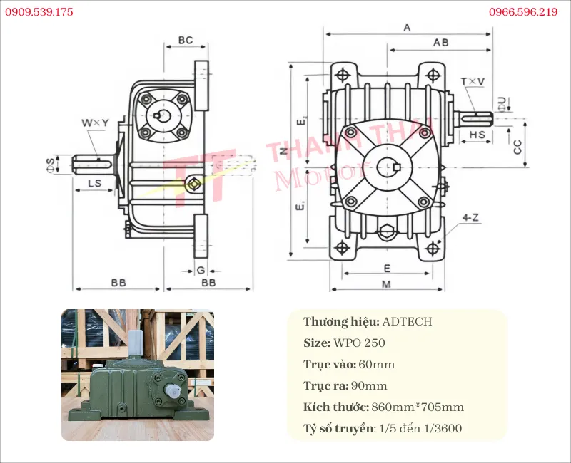 Technical specifications and drawing of the WPO 250 gearbox