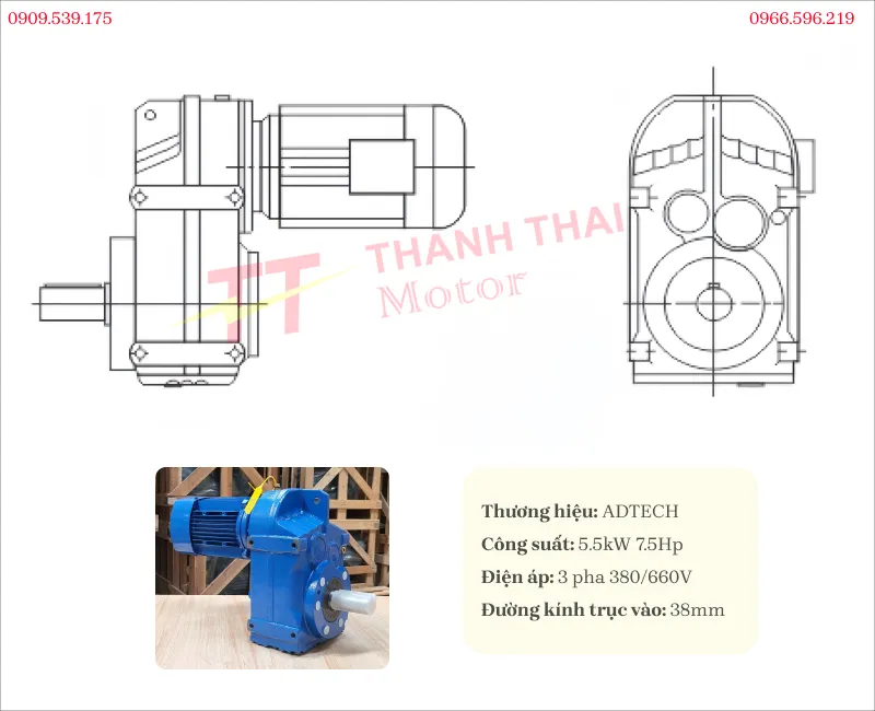 Technical specifications and drawings of Heavy Duty F-Series Parallel Shaft Helical Gear Motor 5.5kW 7.5Hp