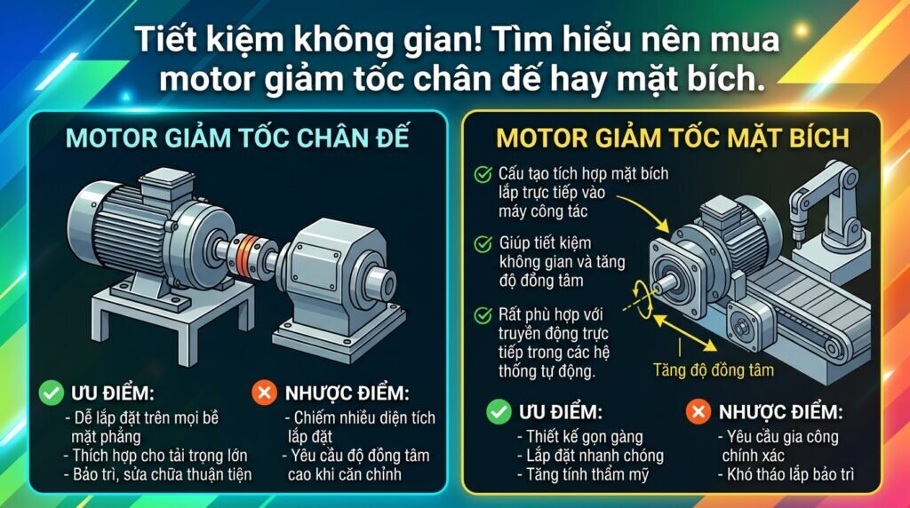Tiết kiệm không gian! Tìm hiểu nên mua motor giảm tốc chân đế hay mặt bích.
