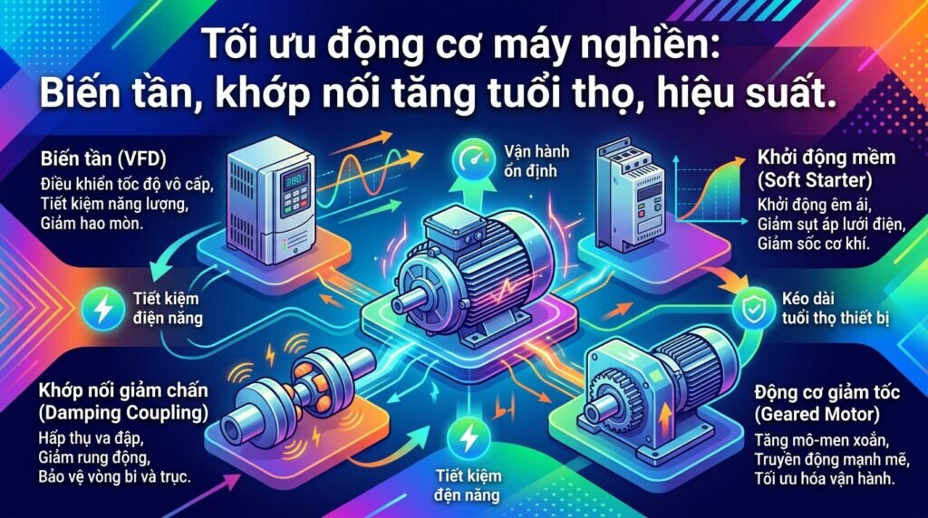 Tối ưu động cơ máy nghiền: Biến tần, khớp nối tăng tuổi thọ, hiệu suất.