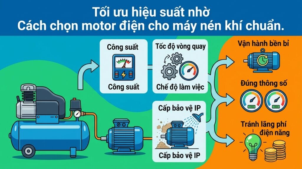 Tối ưu hiệu suất nhờ Cách chọn motor điện cho máy nén khí chuẩn.