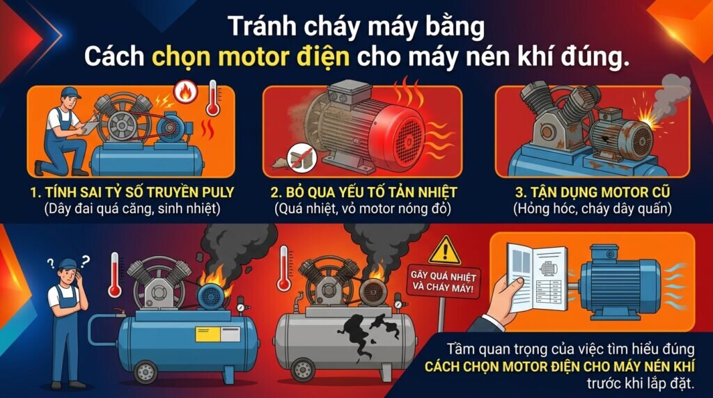 Tránh cháy máy bằng Cách chọn motor điện cho máy nén khí đúng.