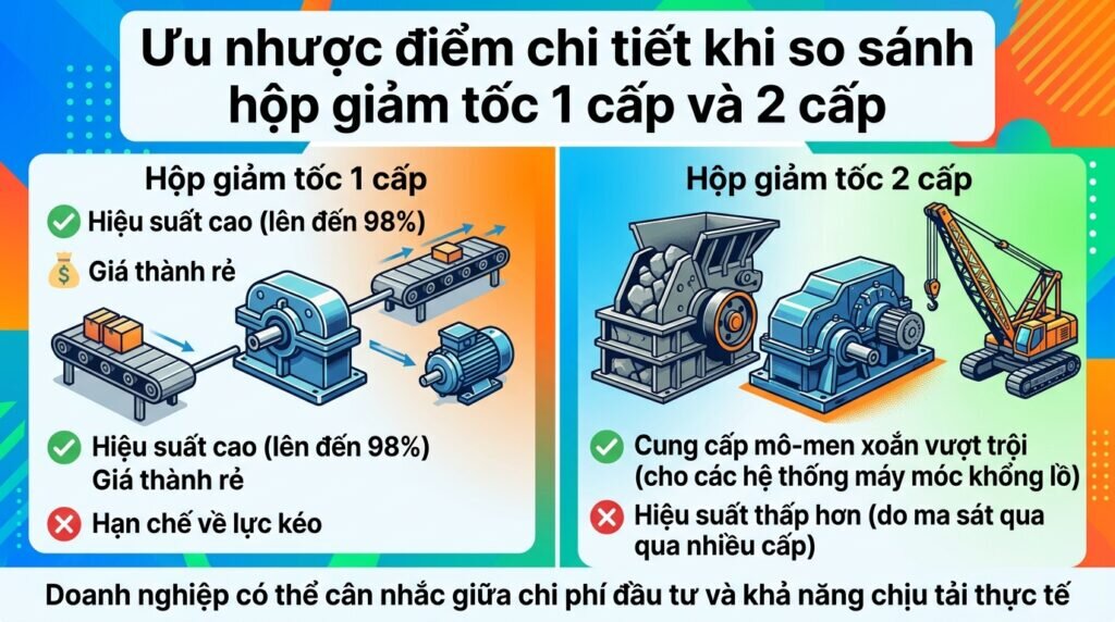 Ưu nhược điểm chi tiết khi so sánh hộp giảm tốc 1 cấp và 2 cấp