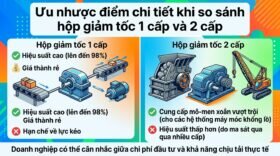 Ưu nhược điểm chi tiết khi so sánh hộp giảm tốc 1 cấp và 2 cấp