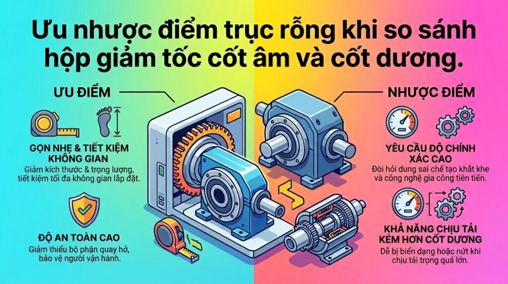 Ưu nhược điểm trục rỗng khi so sánh hộp giảm tốc cốt âm và cốt dương.