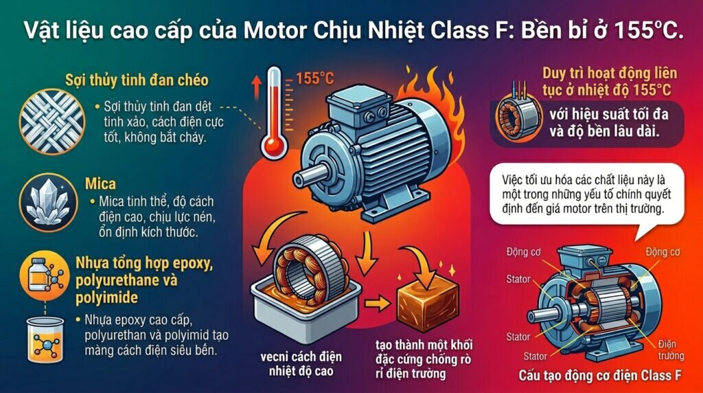 Vật liệu cao cấp của `Motor Chịu Nhiệt Class F`: Bền bỉ ở 155°C.