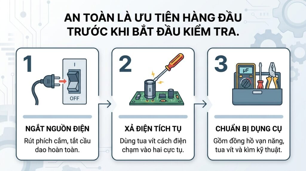 An toàn là ưu tiên hàng đầu trước khi bắt đầu kiểm tra.