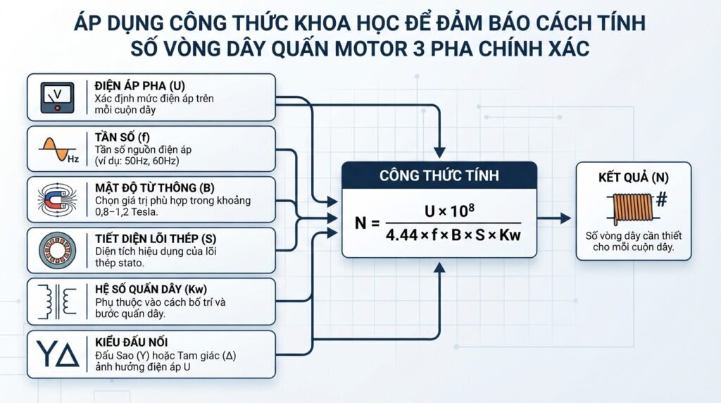 Áp dụng công thức khoa học để đảm bảo cách tính số vòng dây quấn motor 3 pha chính xác.