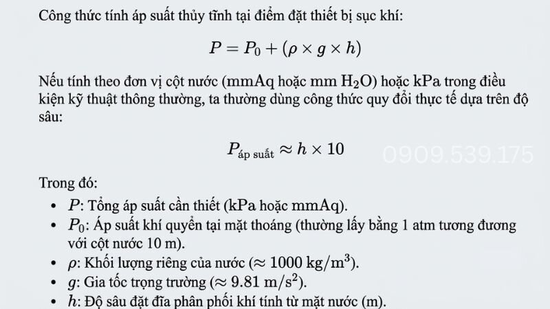 Áp suất làm việc của máy thổi khí theo độ sâu nước