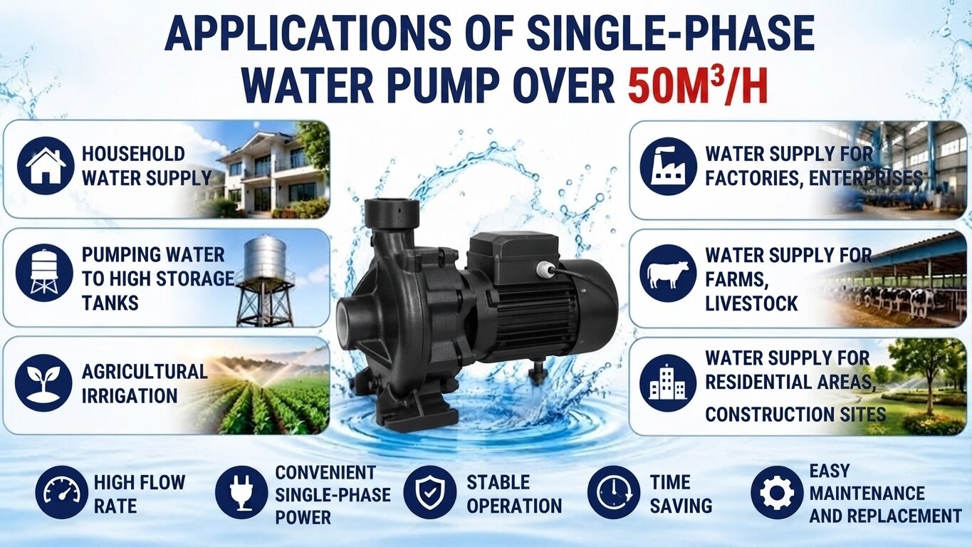 Applications of 1-Phase water pumps over 50m3/h.