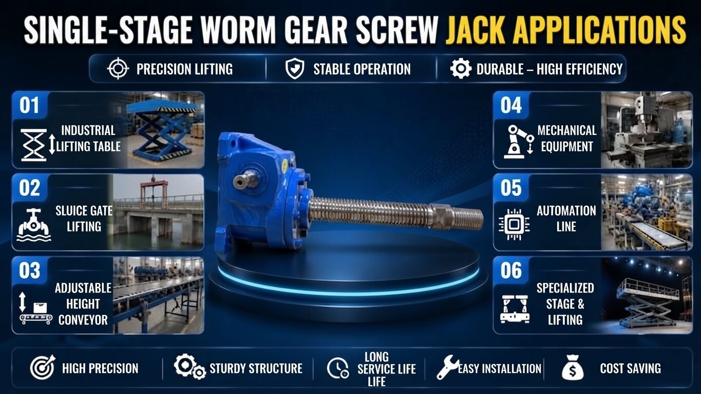 Applications of 1-Stage Screw Jack Gearboxes.