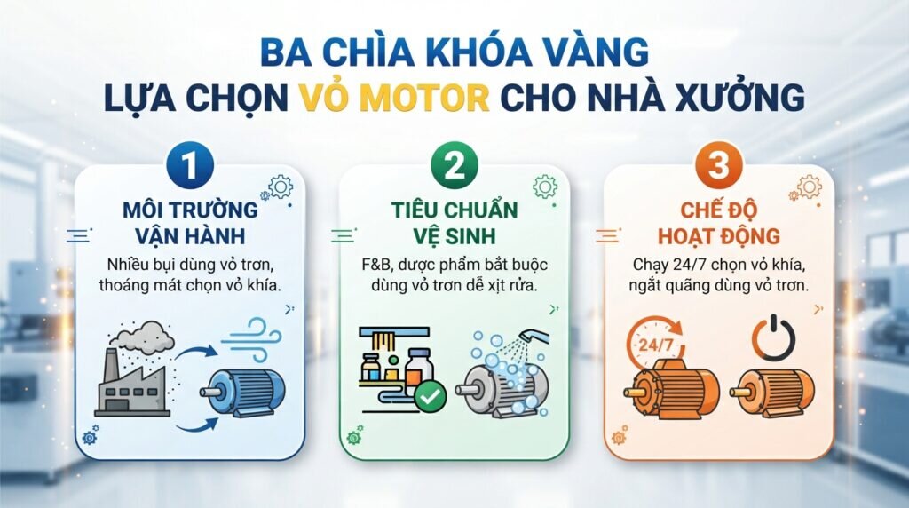 Ba chìa khóa vàng lựa chọn vỏ motor cho nhà xưởng.