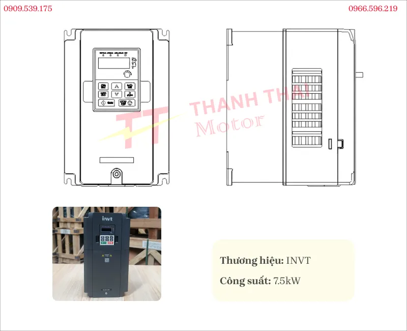 Drawing and technical specifications of Invt Variable Frequency Drive 7.5kW