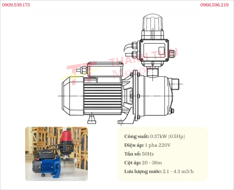 Drawing and technical specifications of the Booster Pump 0.37kW 0.5HP