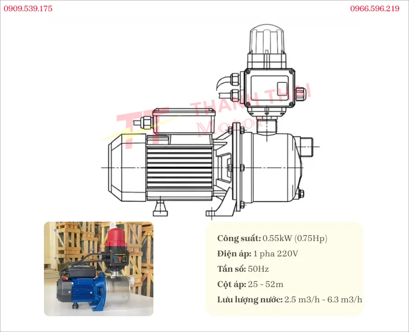 Drawing and specifications of the Booster Pump 0.55kW 0.75HP