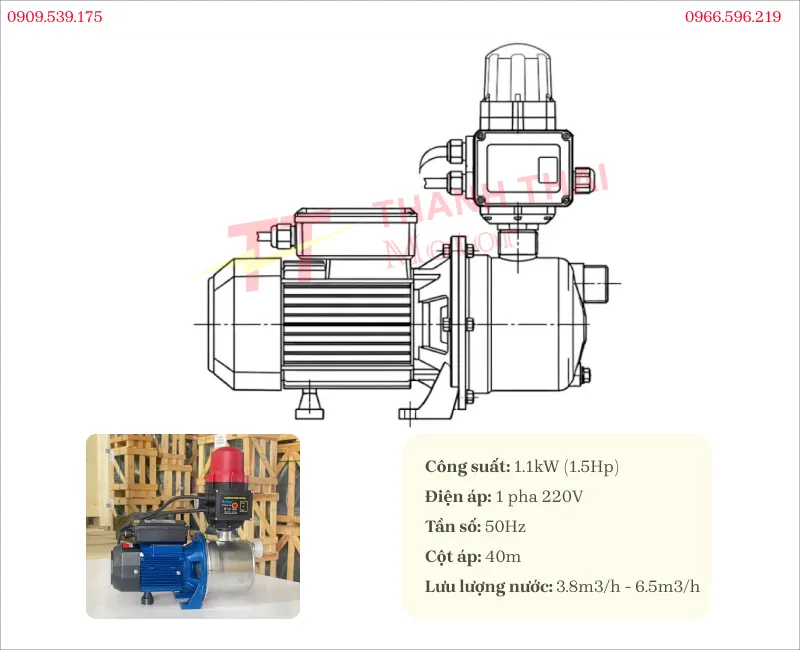 Bản vẽ và thông số kỹ thuật bơm tăng áp 1.1kW 1.5Hp
