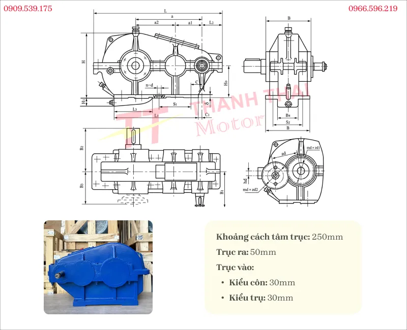 Drawing and technical specifications of ZQ 250 Gearbox