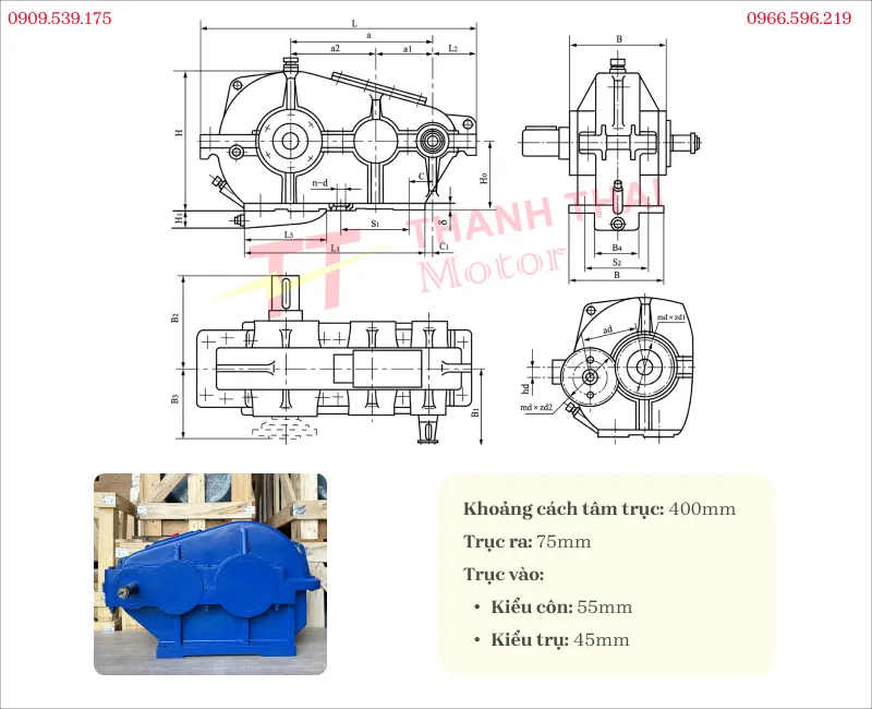 Drawing and technical specifications of the ZQ 400 gearbox