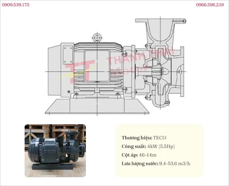 Bản vẽ và thông số kỹ thuật máy bơm nước TECO 4kW 5.5Hp