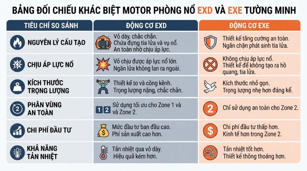Bảng đối chiếu khác biệt motor phòng nổ exd và exe tường minh.
