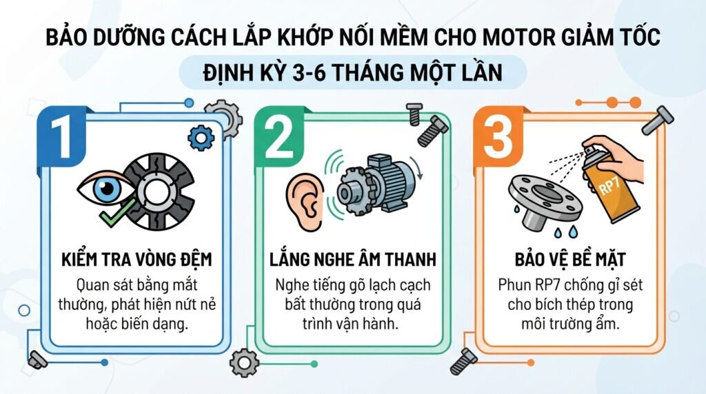 Bảo dưỡng cách lắp khớp nối mềm cho motor giảm tốc.
