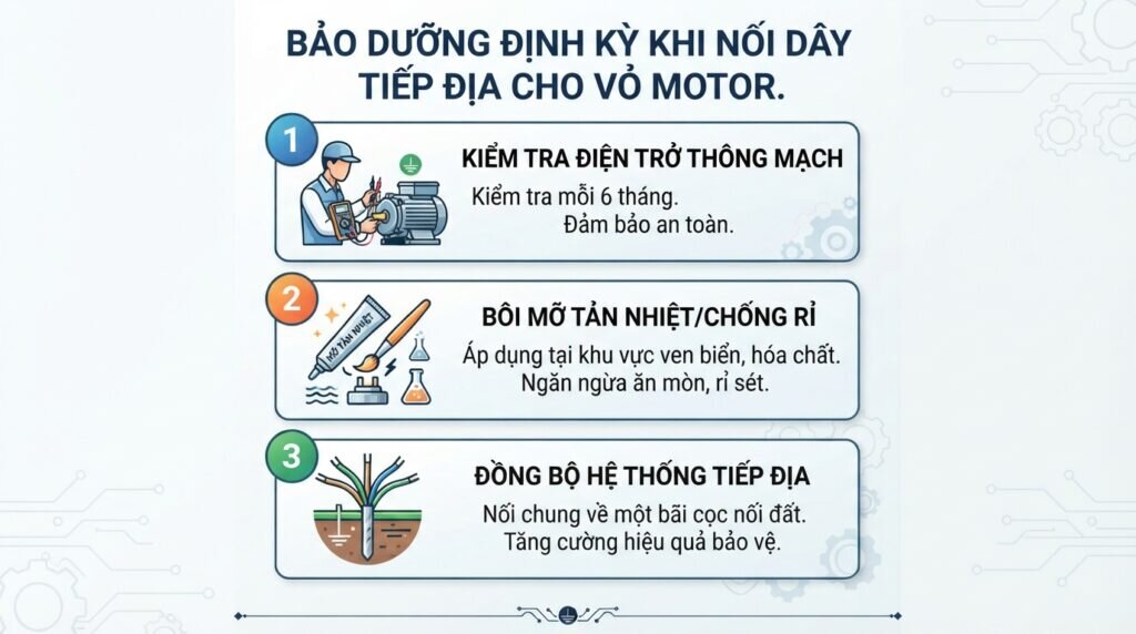 Bảo dưỡng định kỳ khi nối dây tiếp địa cho vỏ motor.