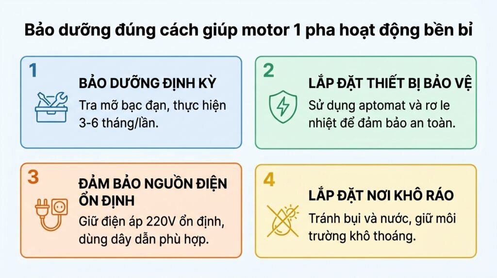 Bảo dưỡng đúng cách giúp motor 1 pha hoạt động bền bỉ.