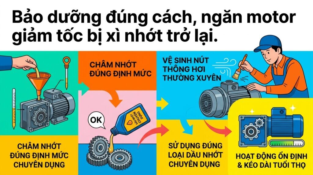 Bảo dưỡng đúng cách, ngăn motor giảm tốc bị xì nhớt trở lại.