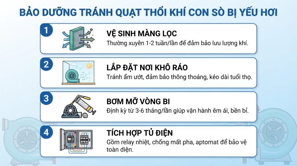 Bảo dưỡng tránh quạt thổi khí con sò bị yếu hơi.