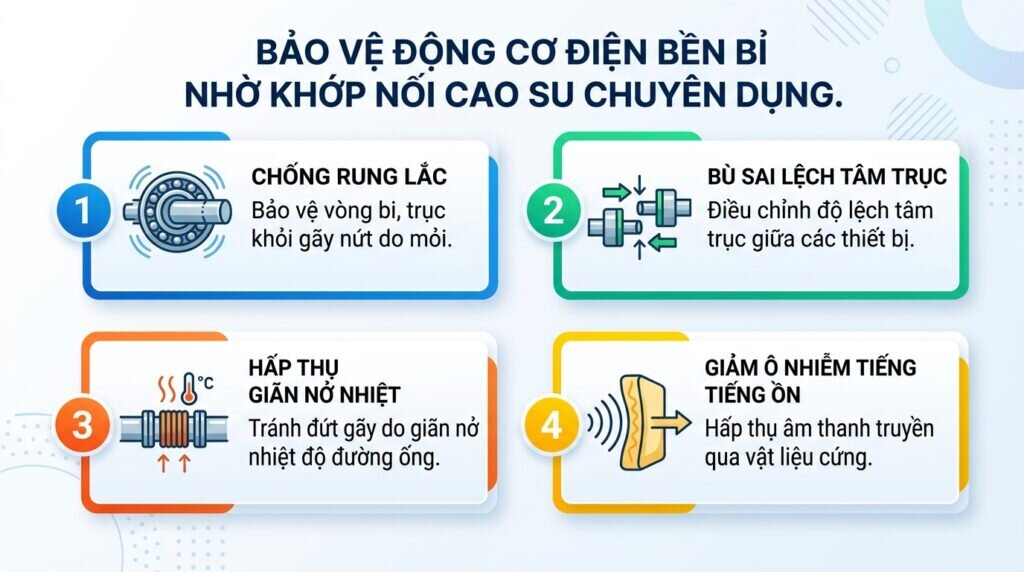 Bảo vệ động cơ điện bền bỉ nhờ khớp nối cao su chuyên dụng.
