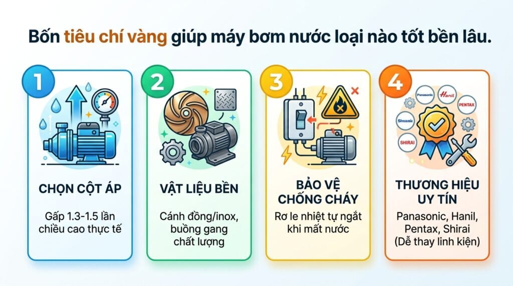 Bốn tiêu chí vàng giúp máy bơm nước loại nào tốt bền lâu.
