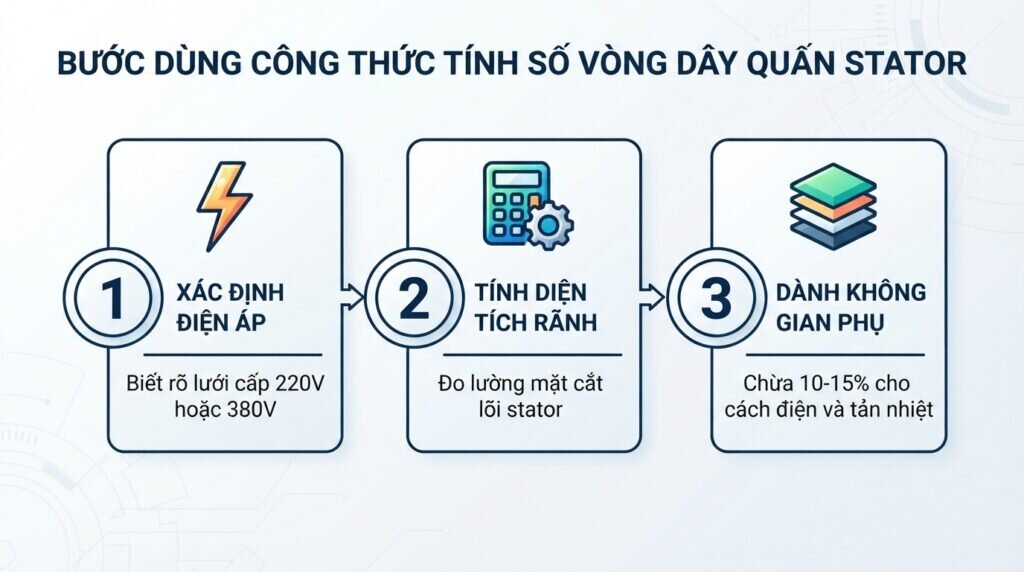 Bước dùng công thức tính số vòng dây quấn stator.