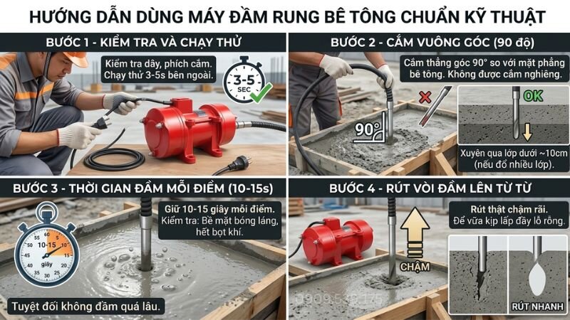 Các bước sử dụng máy đầm rung bê tông đúng cách