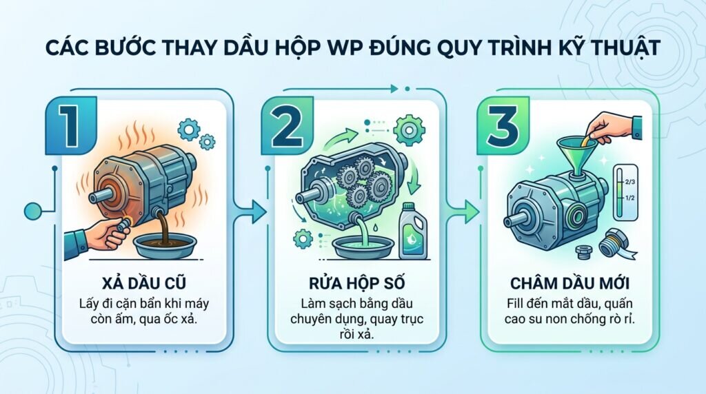 Các bước thay dầu hộp WP đúng quy trình kỹ thuật.